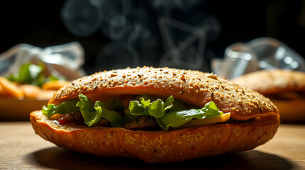 Close-Up Photograph of Golden Sesame Seeded Sandwich with Fresh Lettuce, Tomato, and Cheese on Wooden Surface with Soft Lighting
