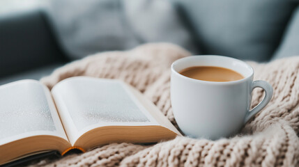 A cup of coffee sits beside an open book on a cozy knitted throw, draped over a couch. The surrounding space is warm and inviting, perfect for quiet enjoyment.