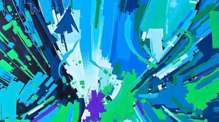 Dynamic Abstract Explosion: Vibrant Blue, Green, and Purple Brushstrokes Creating an Energetic, Lively, and Textured Modern Art Composition
