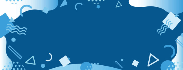 Abstract blue background with geometric shapes. The background features a smooth blue texture with white accents and patterns. Memphis pattern frame background. Blue background vector.