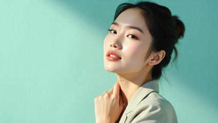 Fototapeta premium Elegant Asian Beauty – Skincare & Wellness Portrait in Professional Studio Lighting