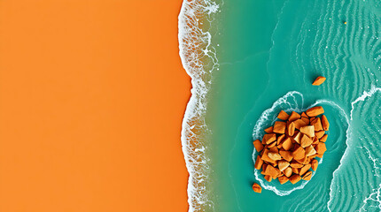 Abstract Aerial View: Vibrant Orange Desert and Turquoise Sea with Orange Rocks, Creating a Harmonious Natural Landscape Composition