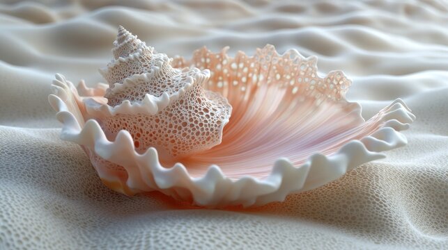 Pink seashell on beach sand, sunlight, ocean backdrop, summer decor