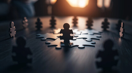 A puzzle-inspired business concept where each piece represents a different team member, forming a complete picture of a successful, diverse company.