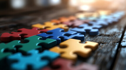 Colorful puzzle pieces interlock, gradually forming a diverse workforce, symbolizing company departments, team synergy, and onboarding new employees.