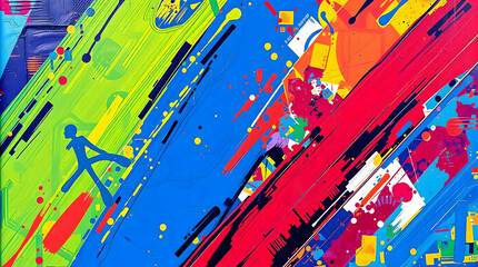 Dynamic Abstract Painting: Vibrant Streaks of Color with Bold Greens, Blues, Reds, and Yellow, Featuring Playful Stick Figure