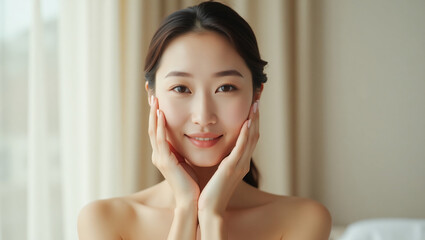 Naklejka premium Elegant Asian Beauty – Skincare & Wellness Portrait in Professional Studio Lighting