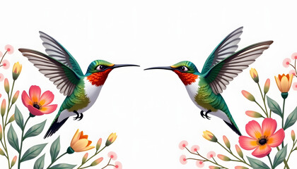 Obraz premium Colorful hummingbirds facing each other surrounded by flowers and leaves 