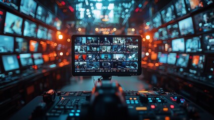 high-tech media control rooms and futuristic news studios