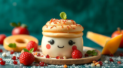 Whimsical Dessert Character: Playful Food Photograph of Cream-Frosted Pastry with Fresh Fruit and Mint on Wooden Plate