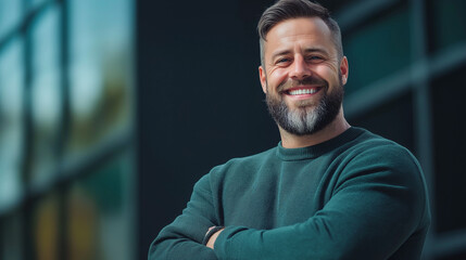 Obraz premium A bearded man in a casual outfit stands with a broad smile, arms crossed. His relaxed posture and bright expression celebrate positive body image and self-assurance.