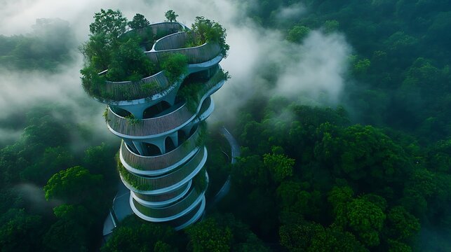Aerial View of Henderson Waves Bridge Surrounded by Lush Greenery and Fog