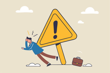 Caution or mistake attention, risk alarm with exclamation point symbol, error or failure warning, bankruptcy notice alert, problem attention concept, frustrated businessman fall under attention sign.