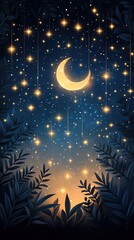 Obraz premium A serene night sky filled with stars and a crescent moon, surrounded by lush foliage and a glowing horizon.