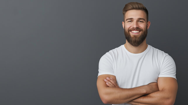 A bearded man with a joyful expression stands confidently in a casual t-shirt. His bright smile and relaxed arms-crossed pose reflect positivity and self-confidence.