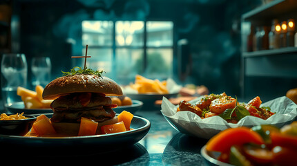 Cozy Dining Experience: High-Resolution Photograph of Gourmet Burger, Crispy Fries, Salad, and Diced Potatoes in Warm Lighting