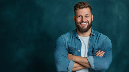 A cheerful bearded man stands confidently, arms crossed over his chest. His genuine smile and casual outfit create a warm and approachable portrait.