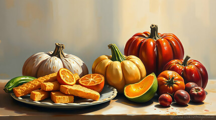 Autumnal Still Life: Vibrant Pumpkins, Citrus Fruits, Tomatoes, and Sliced Bread on a Light-Colored Surface with Soft Lighting