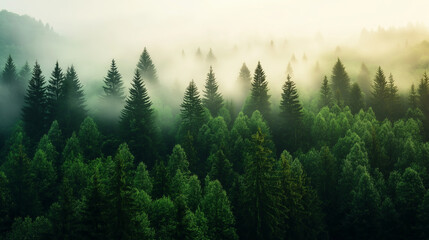 Fototapeta premium A vast evergreen forest blanketed in gentle mist, golden sunlight filtering through the fog. The vintage tones highlight the tranquility of the quiet, dreamlike landscape.