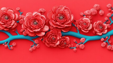 Red coral flowers branch, spring blossom, red background, greeting card