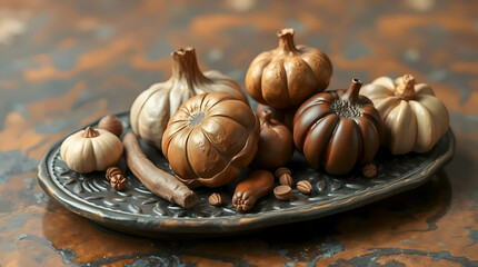 Autumnal Still Life: Decorative Pumpkins, Gourds, Chili Peppers, and Seeds on an Intricately Patterned Ceramic Platter with Soft Lighting