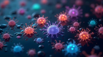 Microscopic viruses with vibrant colors and spiky forms float against a dark, wet surface, illustrating the unseen world of pathogens
