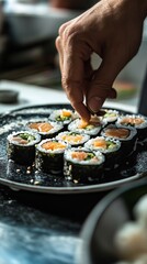 Skilled Chef Prepares Sushi Rolls With Fresh Ingredients in Vibrant Kitchen