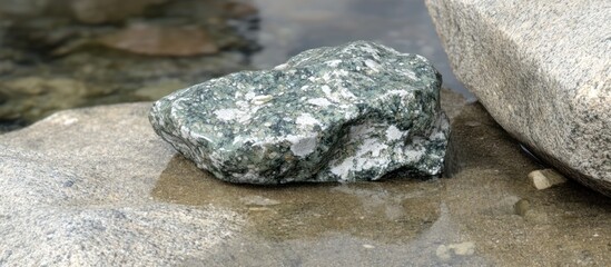 Green rock by river, wet stones, calm water background. Nature scene