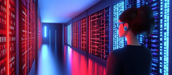 Woman in data center, server room, neon lights, technology, future
