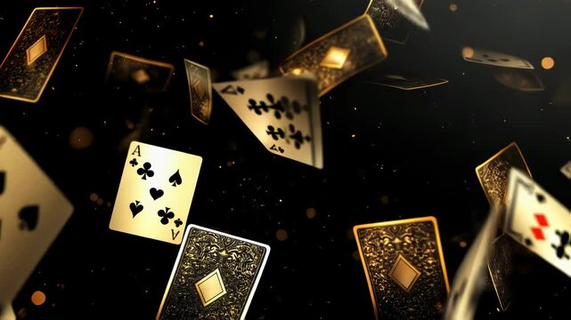 Luxury playing cards floating in dark space with gold bokeh effects. Premium poker or casino game animation for gambling establishments, tournaments or magic performance backgrounds.