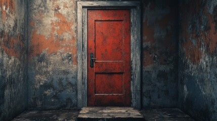 A red door is in a room with a wall that is covered in dirt and grime