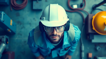Focused Industrial Worker: Overhead High-Resolution Shot of Safety-Gear-Clad Technician in a Bright, Busy Work Environment