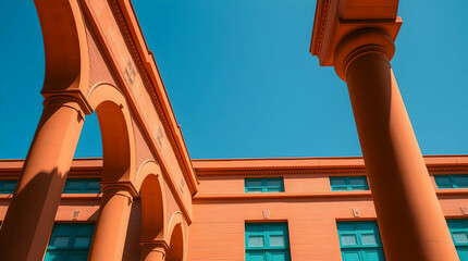 Vibrant Classical Architecture: A Bold Symmetry of Terracotta Columns and Arches Against a Bright Blue Sky with Modern Accents