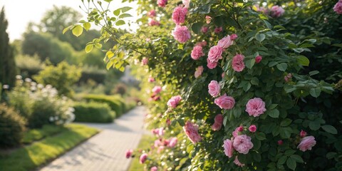 Lush Green Bush Adorned with Abundant Blooming Pink Roses in a Serene Garden Setting, Perfect for Nature Lovers and Garden Enthusiasts, Showcasing Vibrant Colors and Natural Beauty