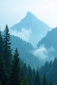 Dense fog shrouds towering evergreens, mountain peaks barely visible , grey, pine
