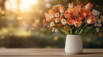 A stunning display of tulips and daisies in a minimalist speckled vase, highlighting the vibrant hues and delicate forms of the flowers in a serene, softly lit environment.