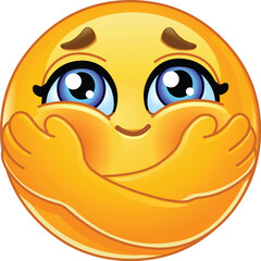 Adorable Emoji Emoticon Hugging Herself with a Warm, Shy Smile and Blushing Cheeks