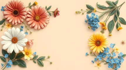 Floral frame of bright spring flowers for seasonal designs, with space for text.  