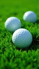 Several golf balls nestled in short green artificial grass , golf, overhead, detail