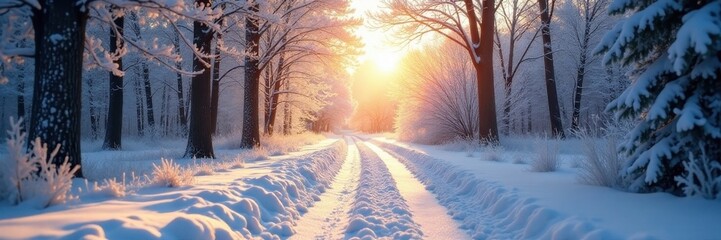 Sunlit snow-covered path, frosted trees sparkle , crystal, woods, stock
