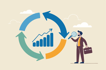 Economic cycle to study up and down on stock market, booming or recession, business cycle for marketing, statistic or data analysis concept, businessman with magnifier on economic cycle diagram.