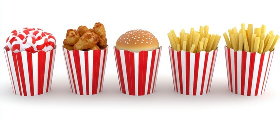 Pixel Art Fast Food Popcorn Chicken Burger and Fries in Red White Striped Cups