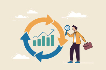 Economic cycle to study up and down on stock market, booming or recession, business cycle for marketing, statistic or data analysis concept, businessman with magnifier on economic cycle diagram.