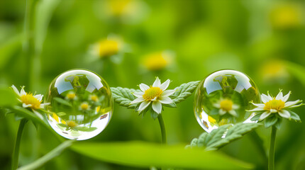 Close-up Photograph of Delicate White Daisies with Water Droplets, Yellow Centers, and Softly Blurred Green Foliage Background.