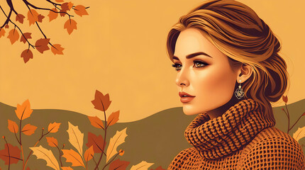 Elegant Digital Illustration of Woman with Blonde Hair in Earthy Turtleneck Sweater, Autumn Scene with Falling Leaves and Hills
