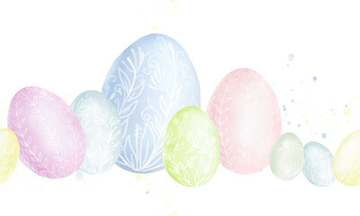 Cute spring Easter eggs with painting, seamless pattern. Watercolor digital illustration. Horizontal border with light pastel colors splashes, on white background. For invitation, card, menu, flyer