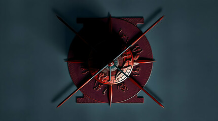 Abstract Geometric Design with Dark Red Circular Emblem, Intricate Patterns, Pointed Arrows, and Dark Teal Background in Symmetrical Layout