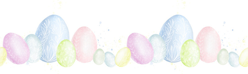 Cute spring Easter eggs with painting, seamless pattern. Watercolor digital illustration. Horizontal border with light pastel colors splashes, on white background. For invitation, card, menu, flyer
