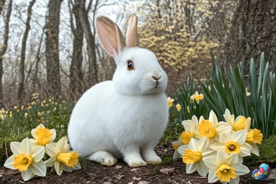 Cute white rabbit enjoying spring, surrounded by vibrant yellow daffodils in woodland scene