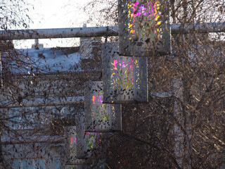 Modern Park Hanging Lanterns with Iridescent Light, Urban Decoration and Nature